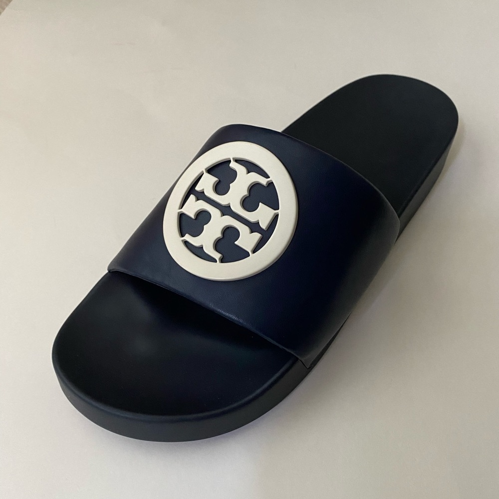 NIB Tory Burch LOGO Lina Leather Slide Royal Navy - Picture 4 of 11